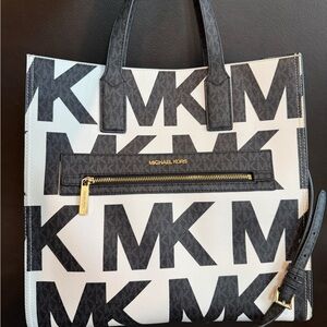Michael Kors Large Black & White MK Signature Tote with Gold Hardware
